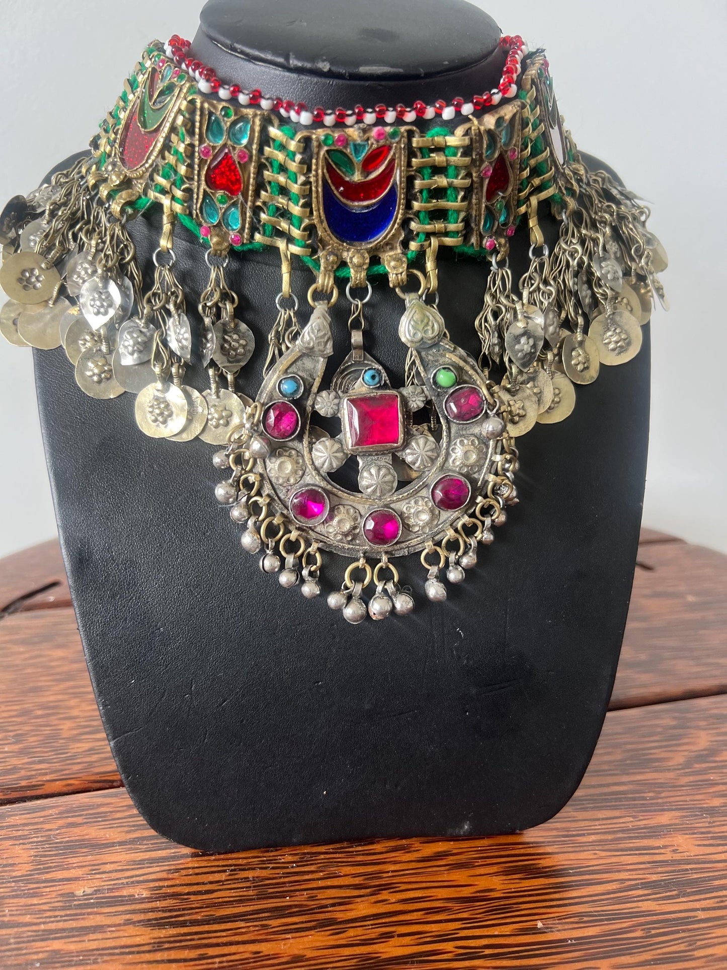 Bohemian choker necklace with old vintage gems and Afghani coins pendant