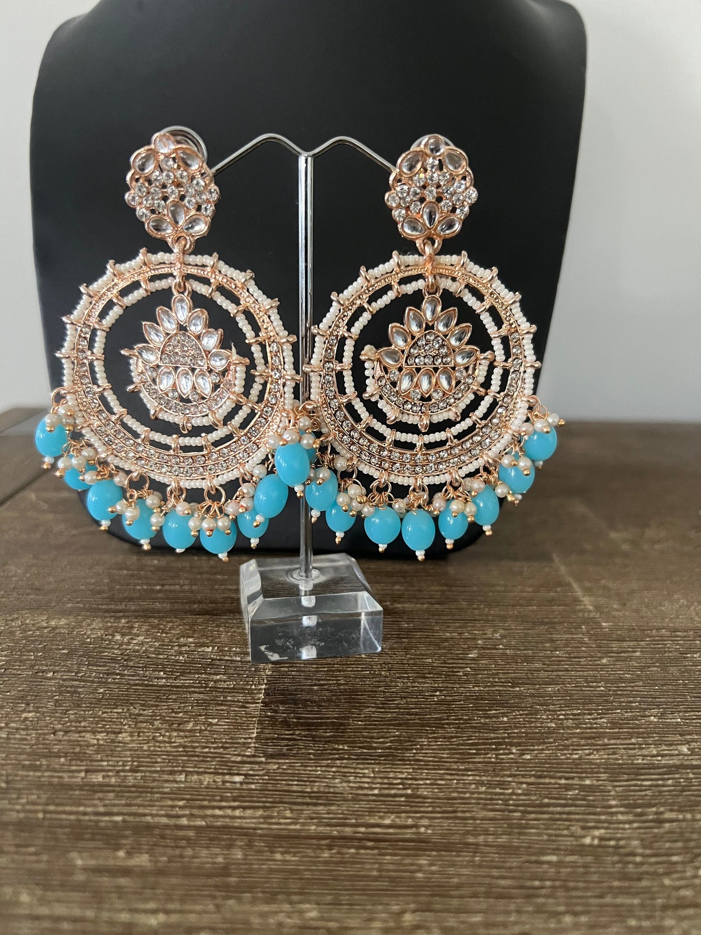 Rose gold kundan and blue beads Chandbali Bali earrings