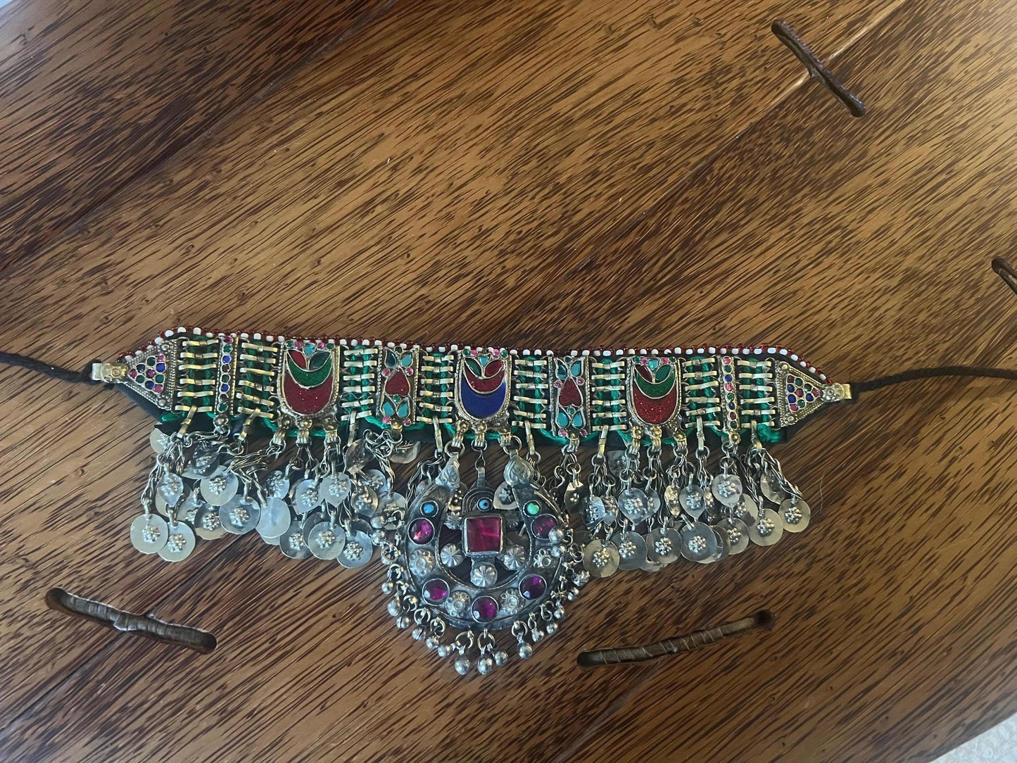Bohemian choker necklace with old vintage gems and Afghani coins pendant