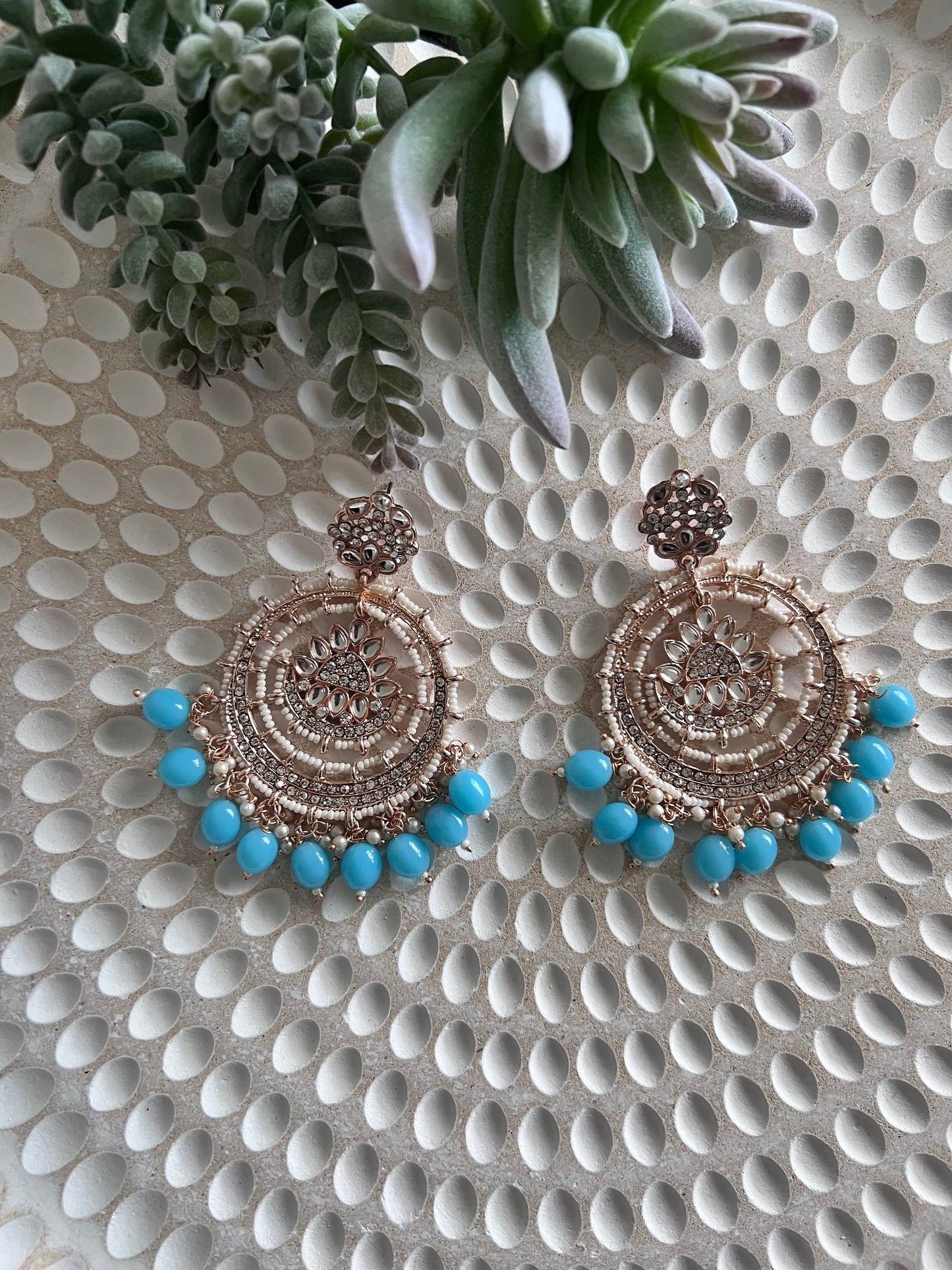 Rose gold kundan and blue beads Chandbali Bali earrings