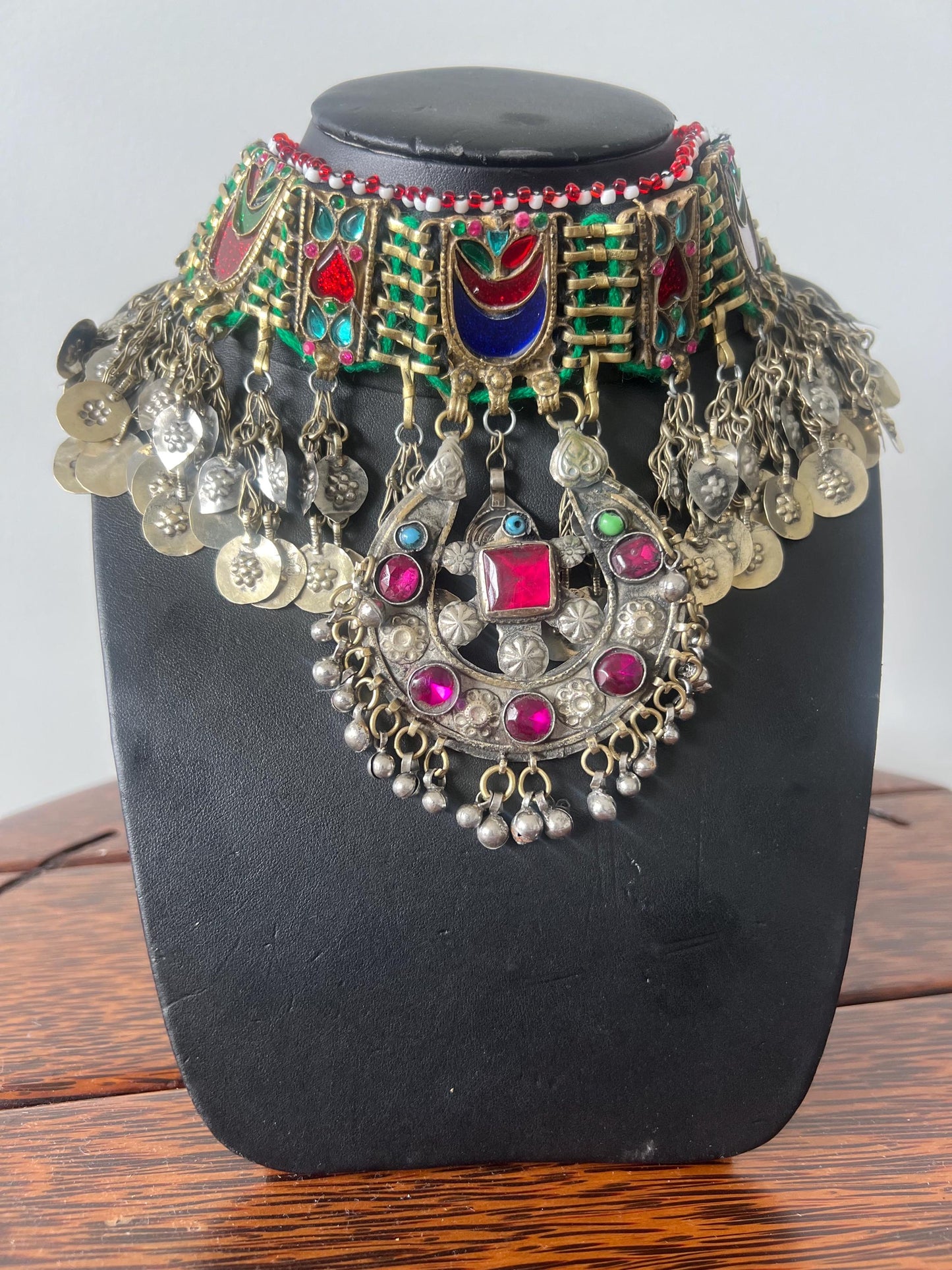 Bohemian choker necklace with old vintage gems and Afghani coins pendant