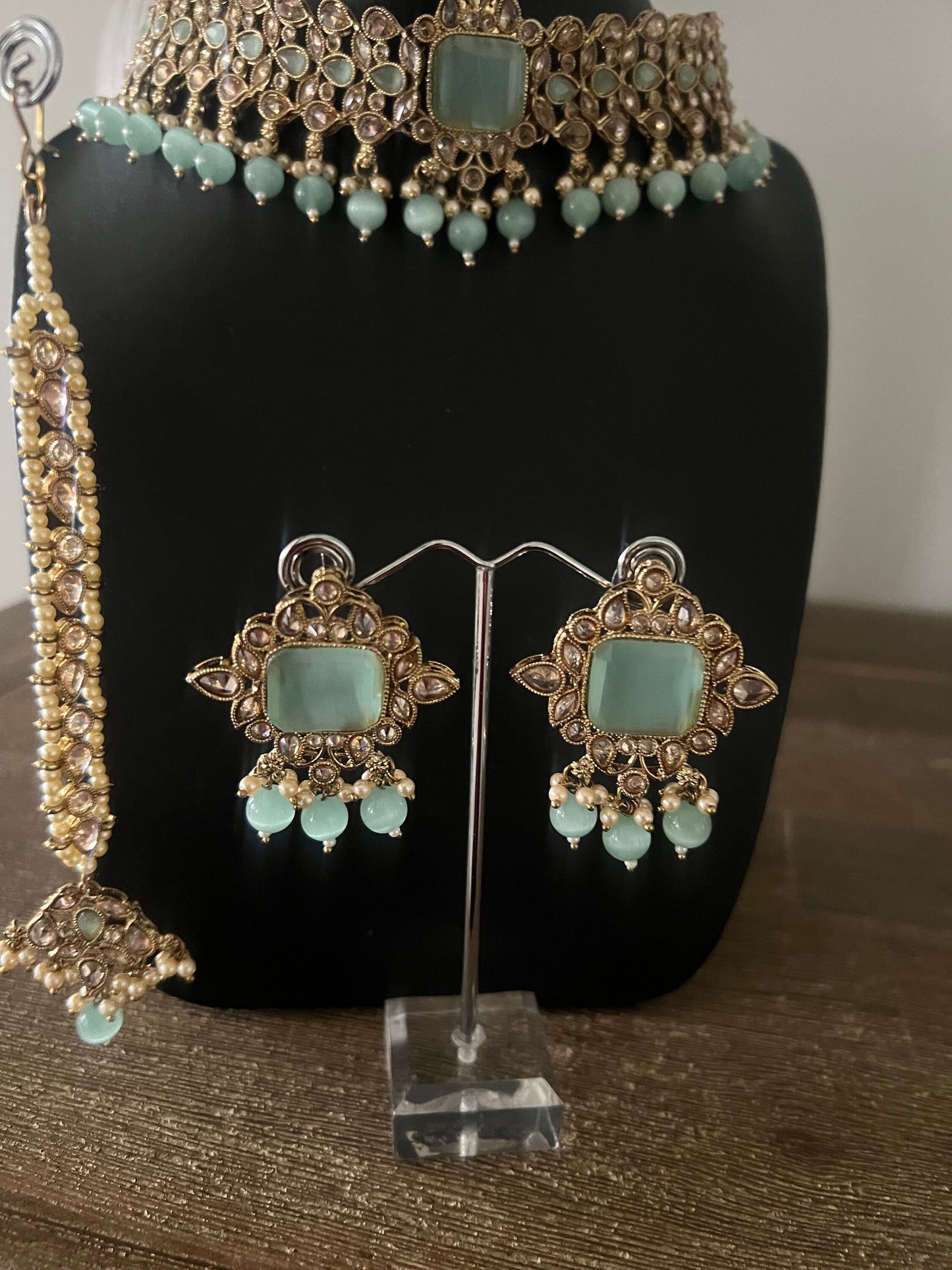 Polki designer earring choker and maang tikka mint set