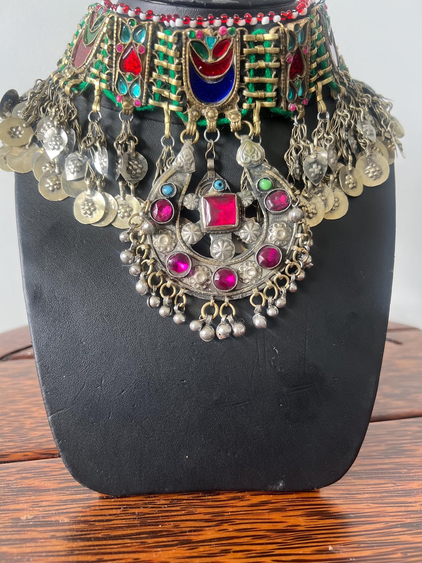 Bohemian choker necklace with old vintage gems and Afghani coins pendant