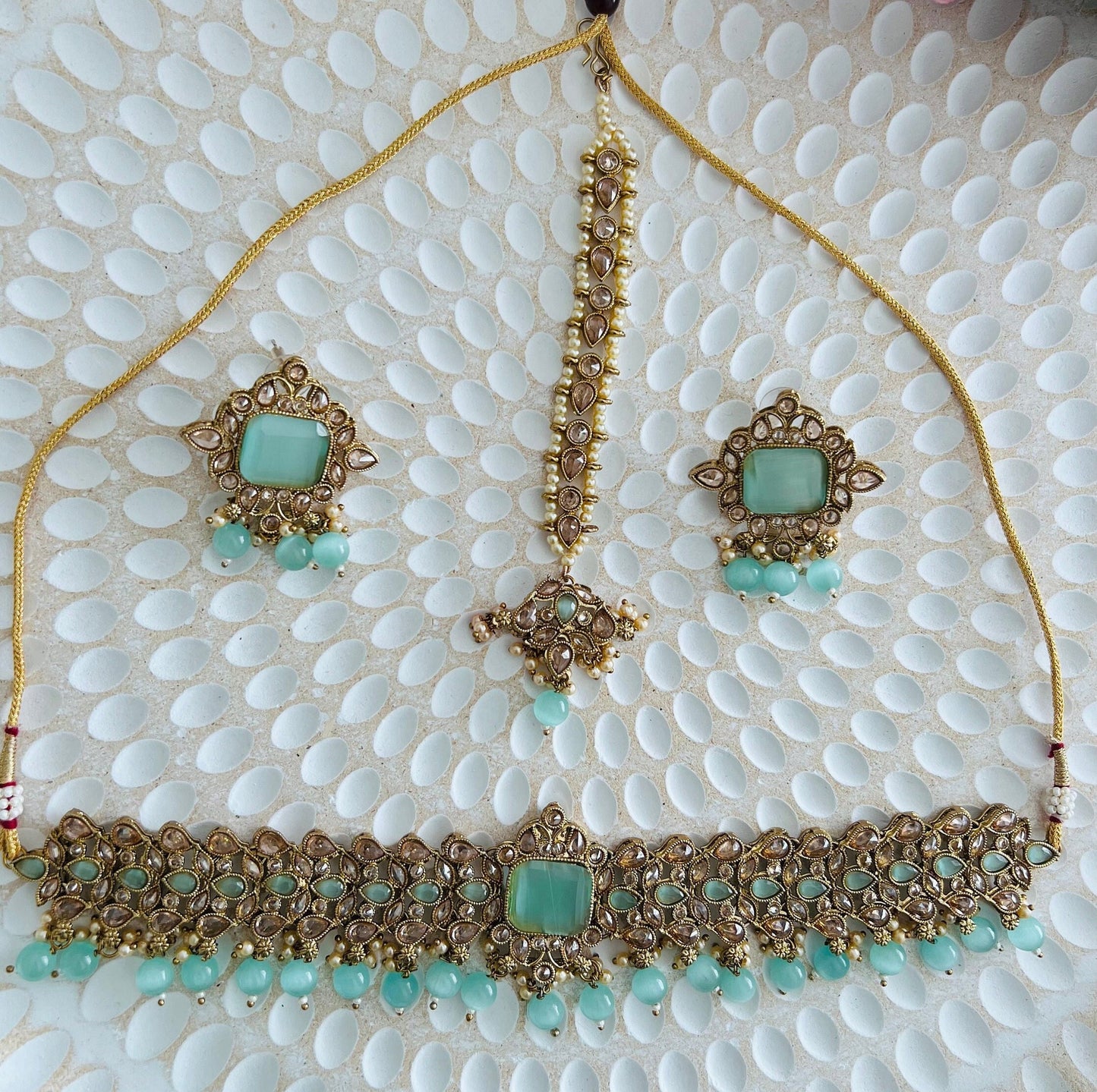 Polki designer earring choker and maang tikka mint set