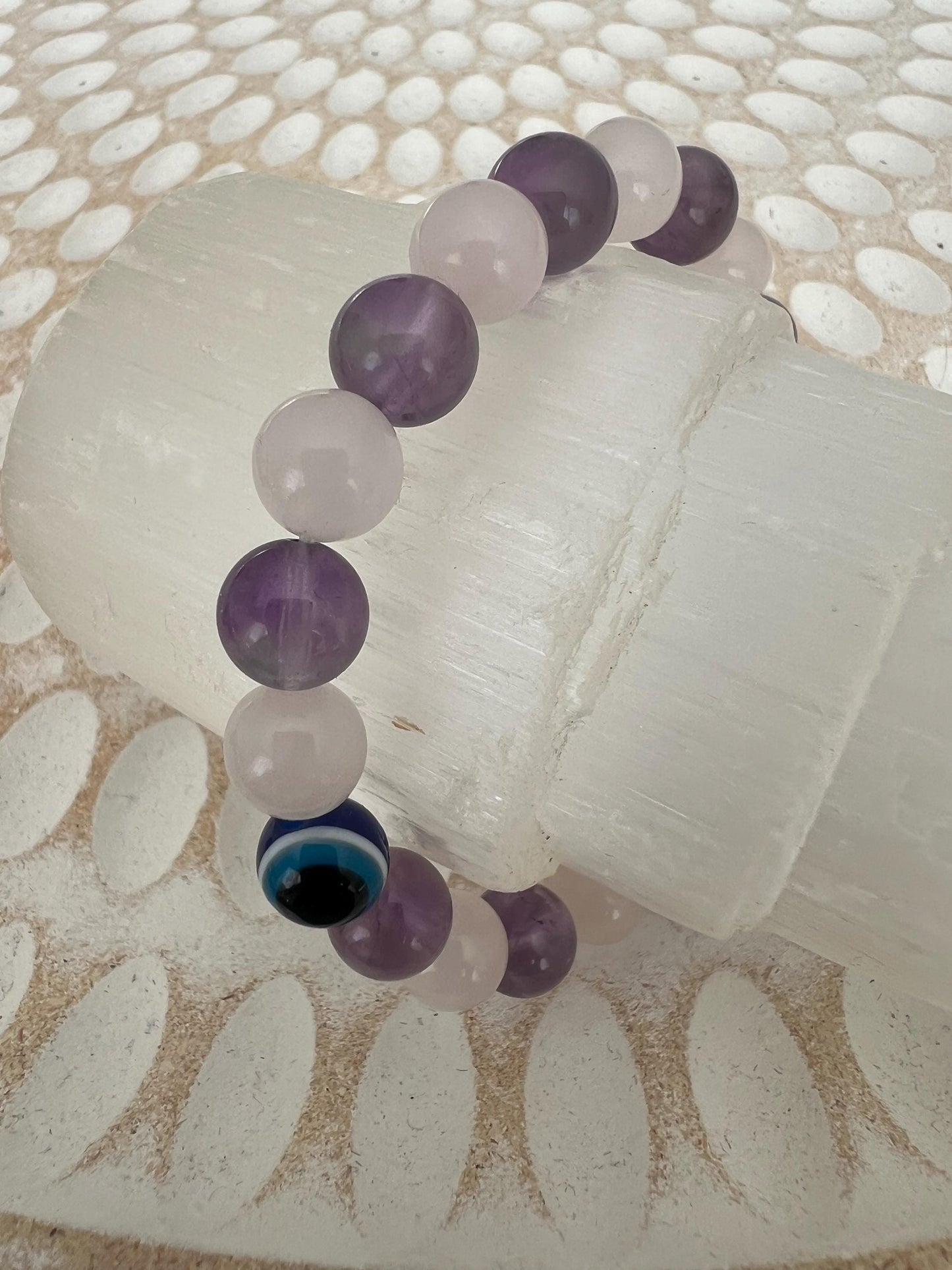 Self love and healing Amethyst and Rose quartz crystal bracelet energy healing, balancing,calming with evil eye protection