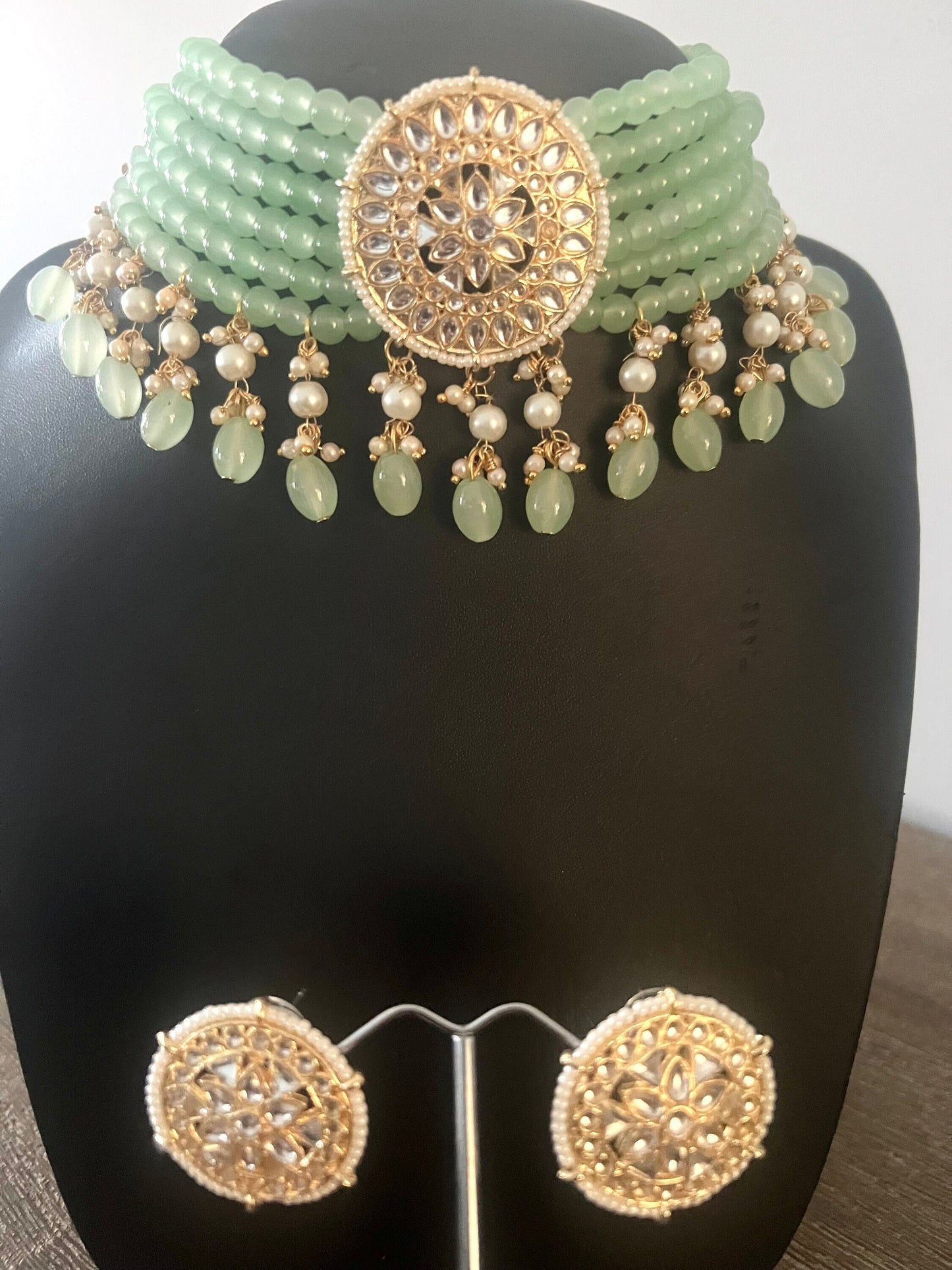 Samaraah mint green kundan and beads choker and earring set