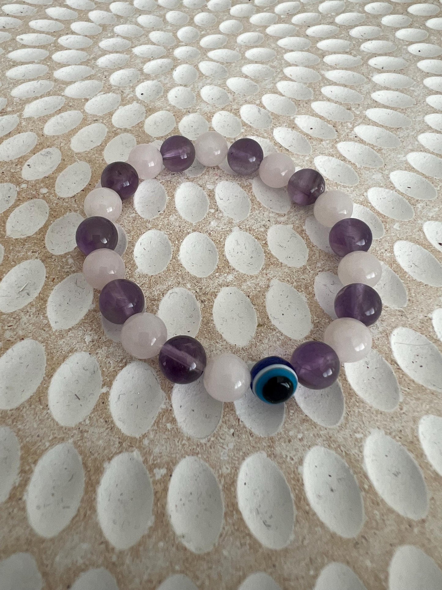 Self love and healing Amethyst and Rose quartz crystal bracelet energy healing, balancing,calming with evil eye protection