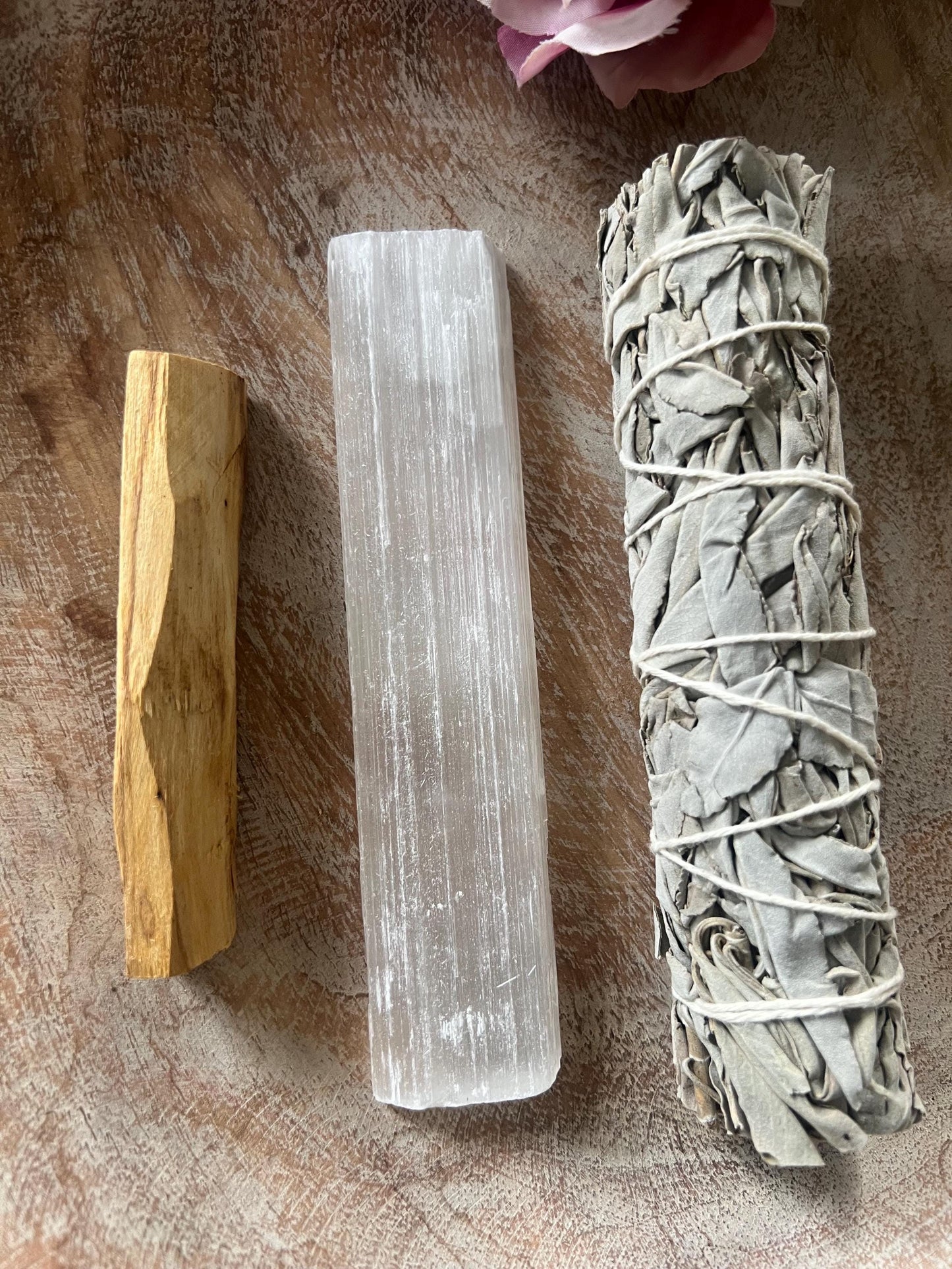 Smudge cleanse and protect your space bundle 1 White Sage premium stick , 1 Palo santo stick and 1 selenite crystal bundle of 3