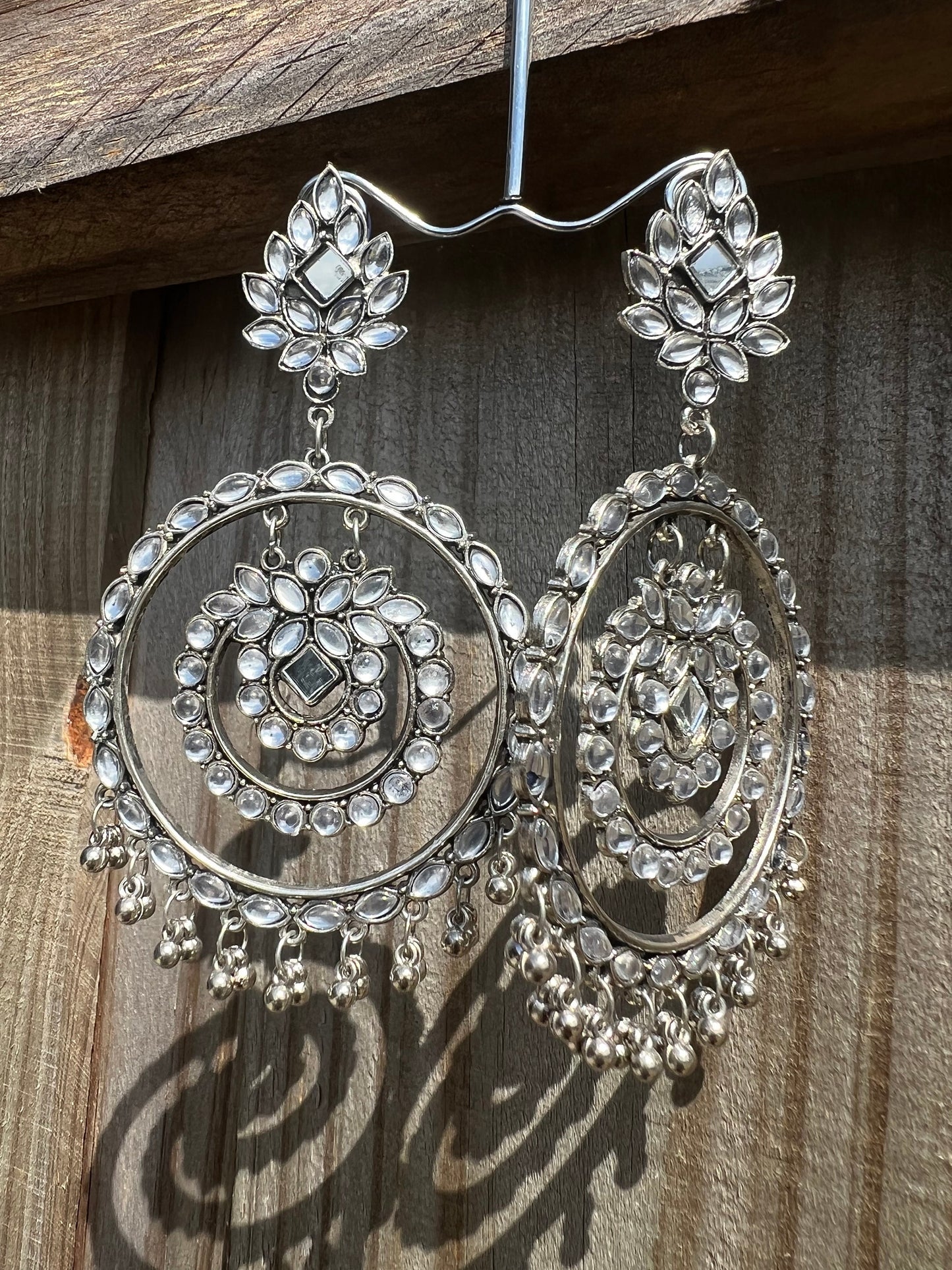 Tasha Mirror and  kundan silver oxidised look Chandbali earrings
