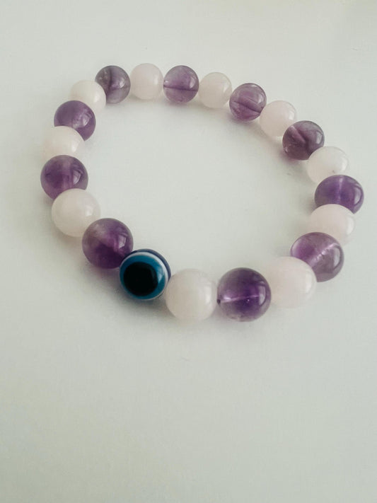 Self love and healing Amethyst and Rose quartz crystal bracelet energy healing, balancing,calming with evil eye protection