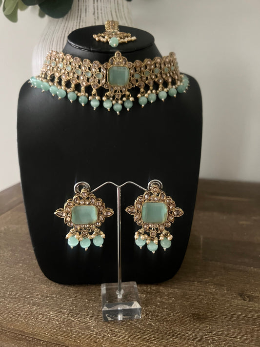 Polki designer earring choker and maang tikka mint set
