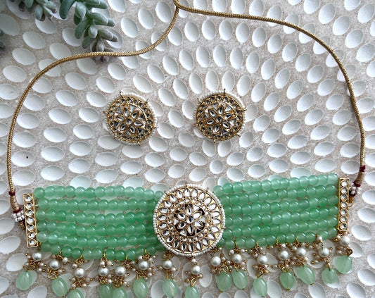 Mint green kundan and beads choker set